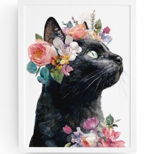 Watercolor Black Cat With Flowers Portrait Wall Art Print Unframed